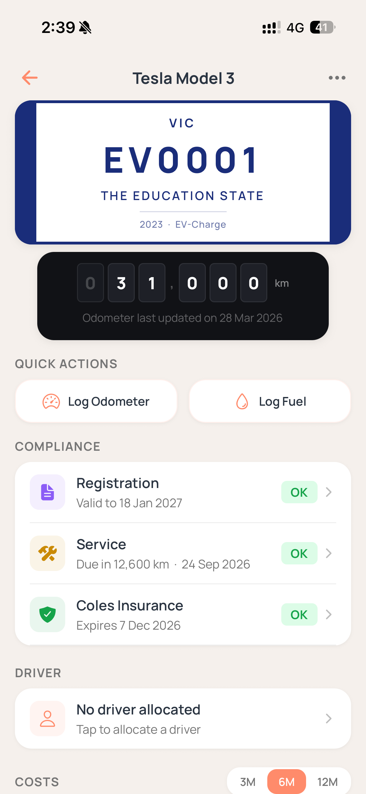 Axlerun mobile app showing detailed vehicle lifecycle, maintenance logs, and registration tracking