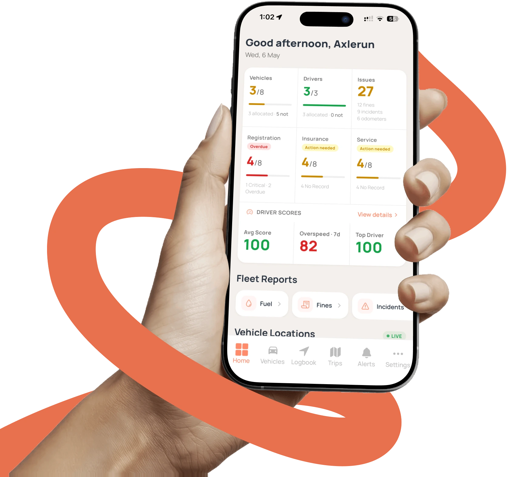 Hand holding a phone showing the Axlerun fleet dashboard